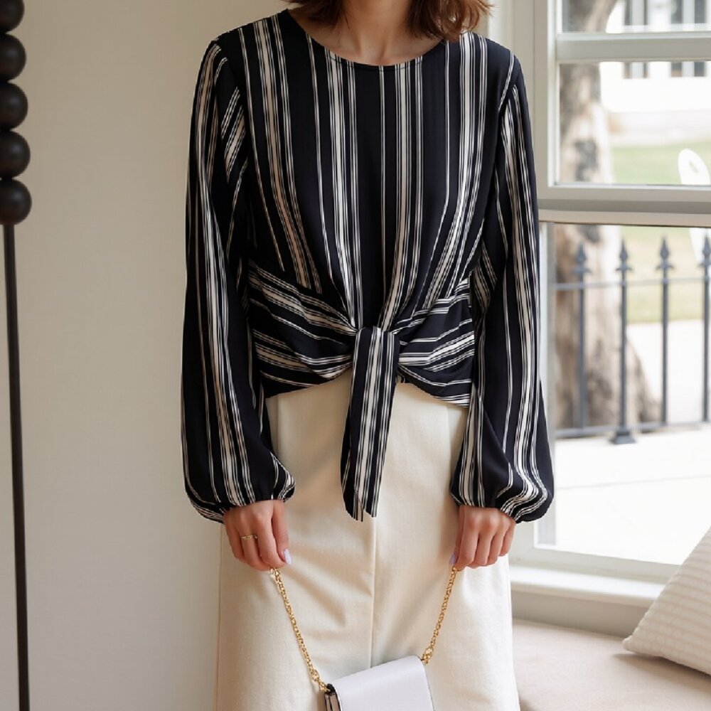 Black and White Stripe Front Tie Top